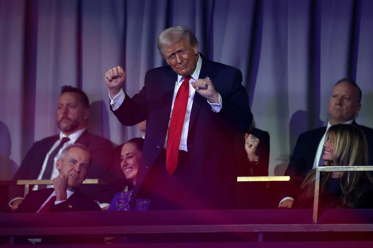 U.S. President Donald Trump dances to the final performance of the Village People during the FIFA World Cup 2026 Official Draw at John F. Kennedy Center for the Performing Arts on December 05, 2025 in Washington, DC