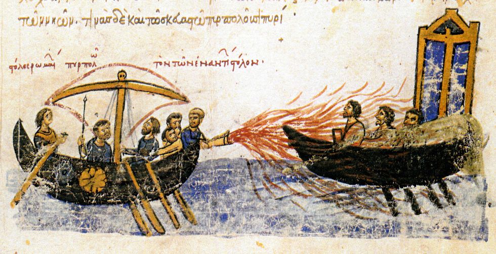 \u200bA Byzantine ship using Greek Fire against a ship belonging to Thomas the Slav
