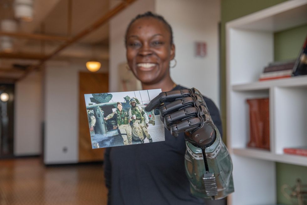US military veteran Danielle Green, 45, who lost her left arm during the Iraq war, has been fitted with a bionic arm made by UK firm Open Bionics. (Open Bionics/ PA)