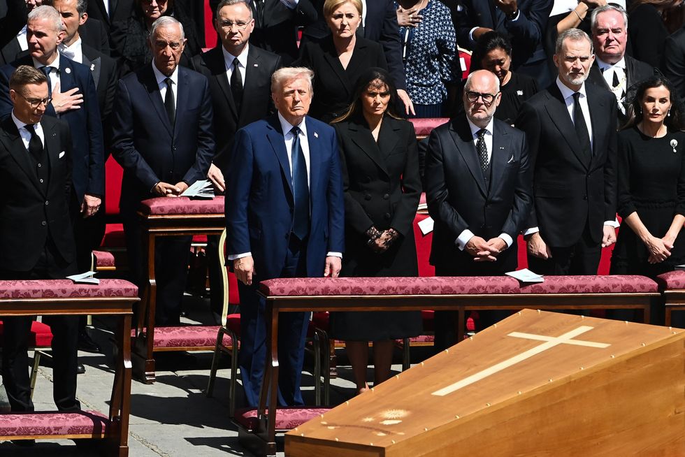 US President Donald Trump wearing a blue suit at the funeral of Pope Francis
