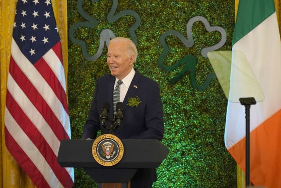 US president Joe Biden speaking during the St Patrick\u2019s Day brunch at the White House