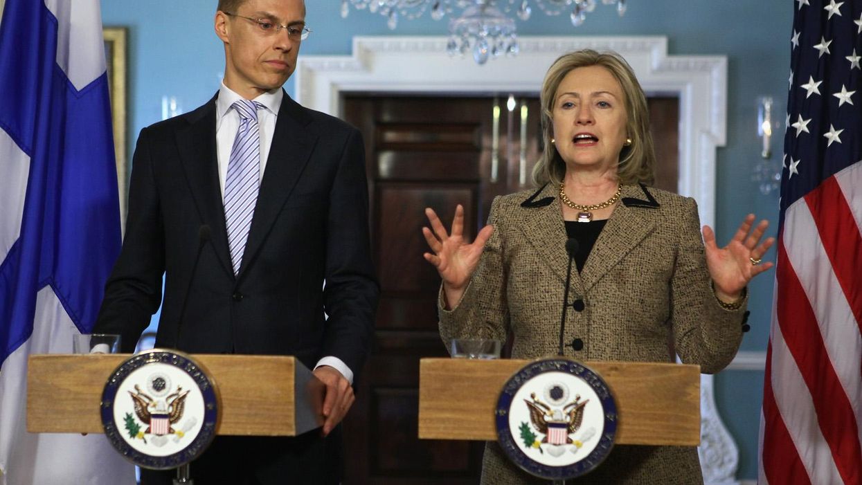 US Secretary Hillary Clinton speaks as Finnish Foreign Minister Alexander Stubb listens on 11 April 2011 in Washington, DC