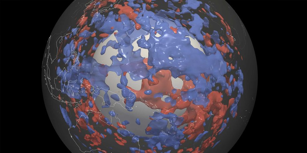 Using a new model, researchers uncover zones in the Earth's lower mantle where seismic waves travel slower (red) or faster (blue). The large blue zone in the western Pacific (right above the center of the image) was previously unknown