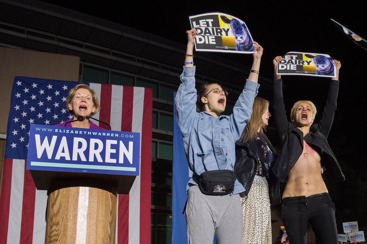 Vegan protesters crash an Elizabeth Warren rally