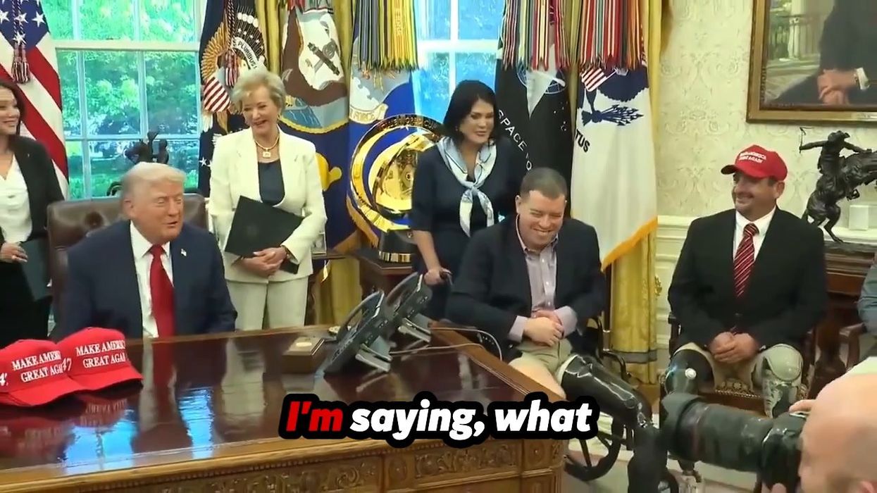 Veteran shows off sticker on prosthetic mocking Biden to Trump in Oval Office