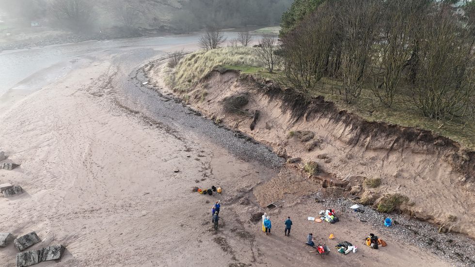 View from above of a team working on a beach, next to sand dunes