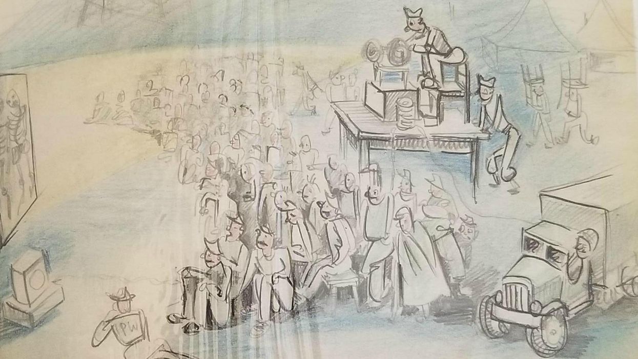 'Viewing atrocity pictures'. An artist's depiction of prisoner's of war watching films taken from liberated concentration camps