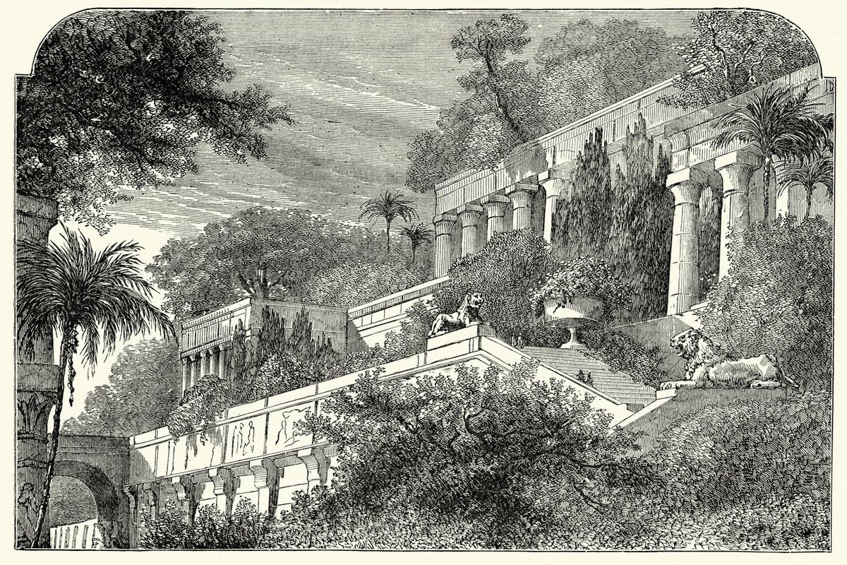 Vintage engraving of the Hanging Gardens of Babylon