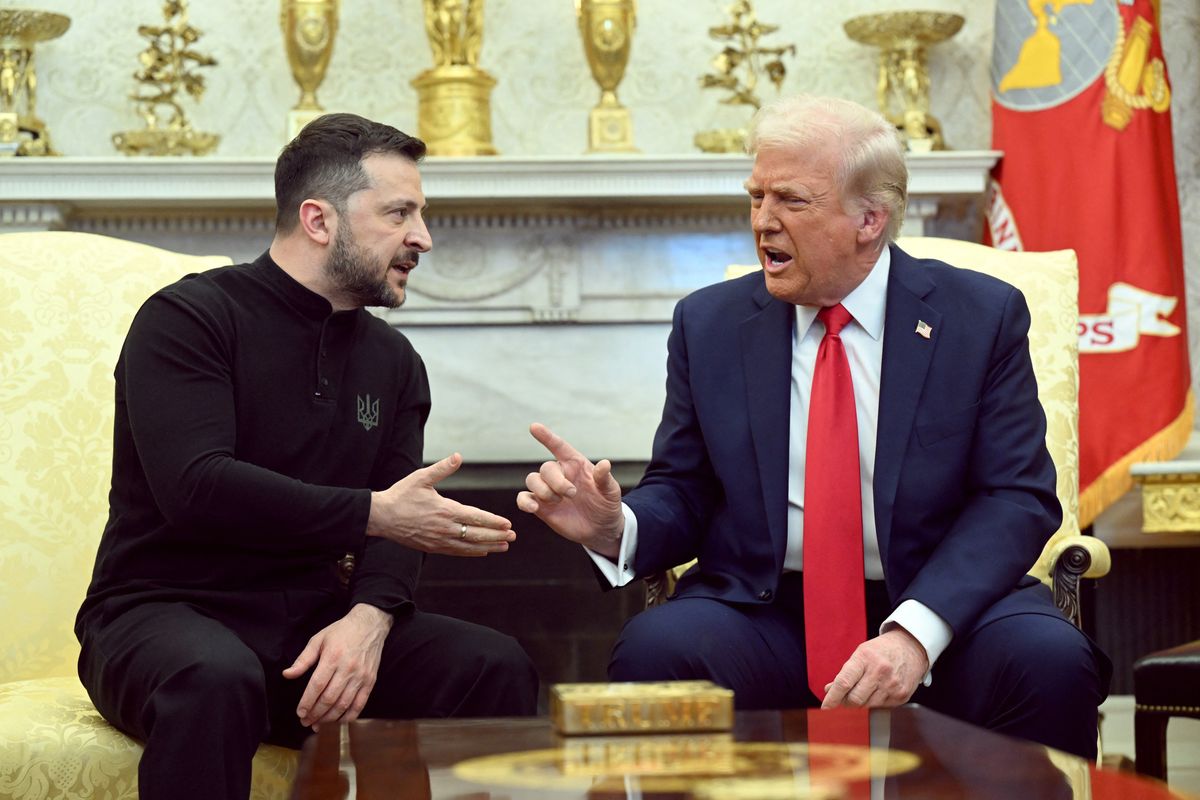 Volodymyr Zelensky, left, and Donald Trump, right, talk over each other during a confrontation in the Oval Office.