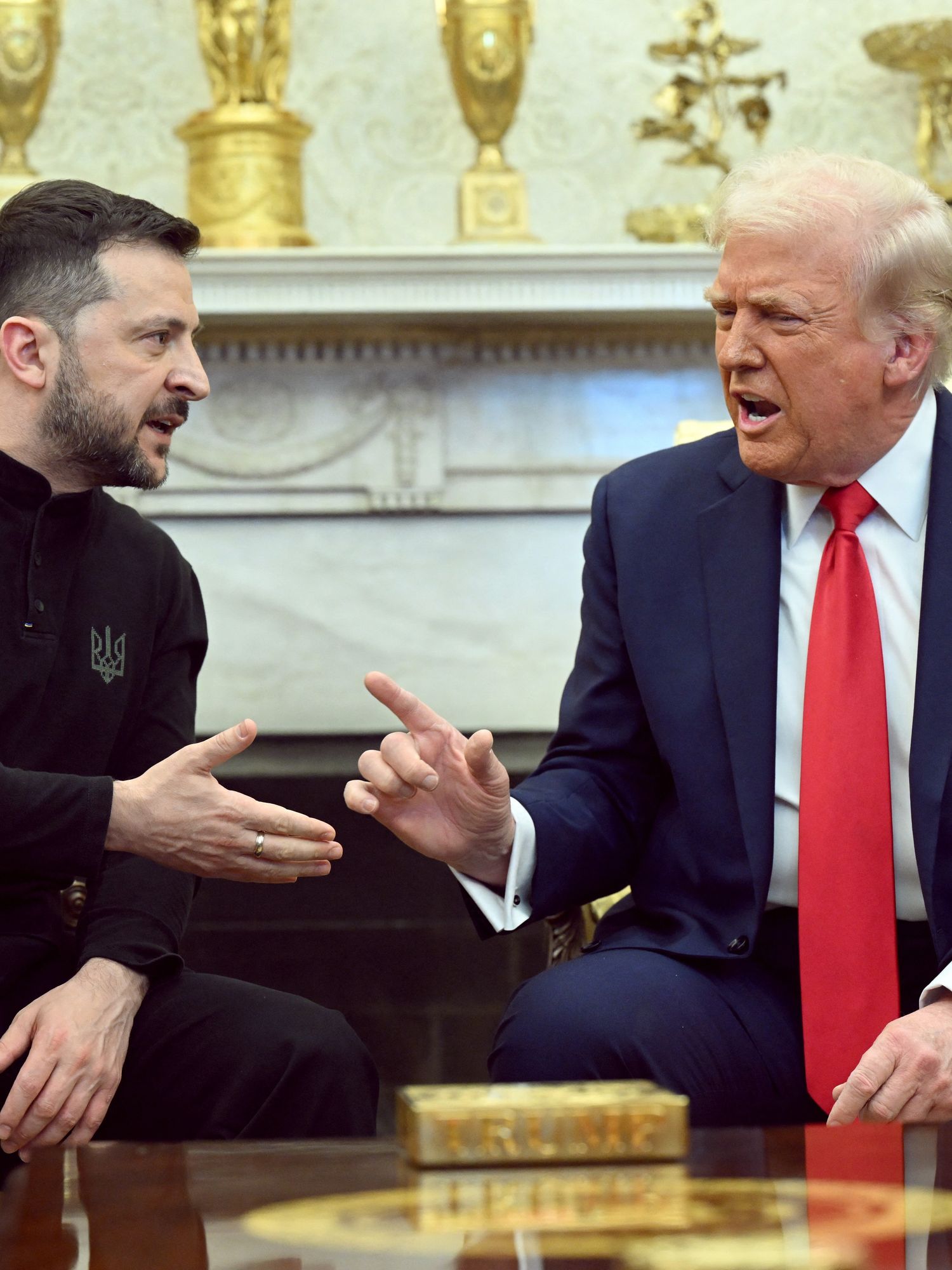 Volodymyr Zelensky, left, and Donald Trump, right, talk over each other during a confrontation in the Oval Office.