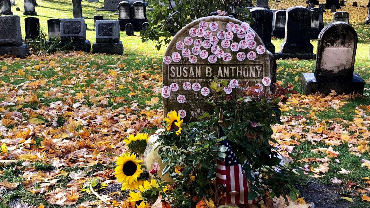 Voters placed their "I voted" stickers on the grave of suffragette Susan B Anthony in Rochester, New York