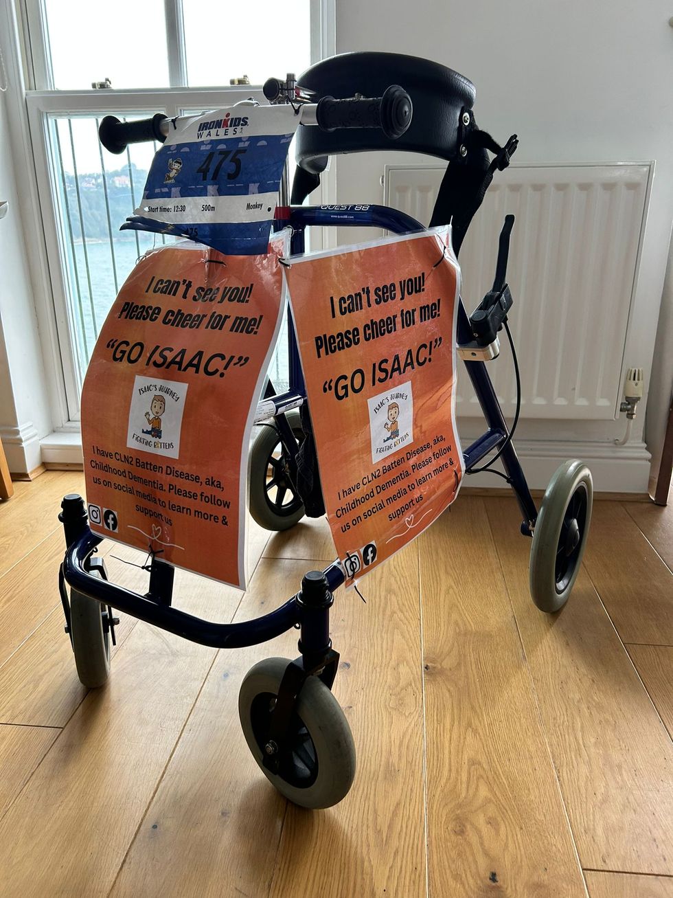 Walker with posters on it