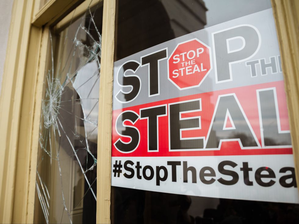 WASHINGTON, DC - JANUARY 06: A Stop The Steal is posted inside of the Capitol Building after a pro-Trump mob broke into the U.S. Capitol on January 6, 2021 in Washington, DC. A pro-Trump mob stormed the Capitol, breaking windows and clashing with police officers. Trump supporters gathered in the nation\u2019s capital today to protest the ratification of President-elect Joe Biden\u2019s Electoral College victory over President Trump in the 2020 election