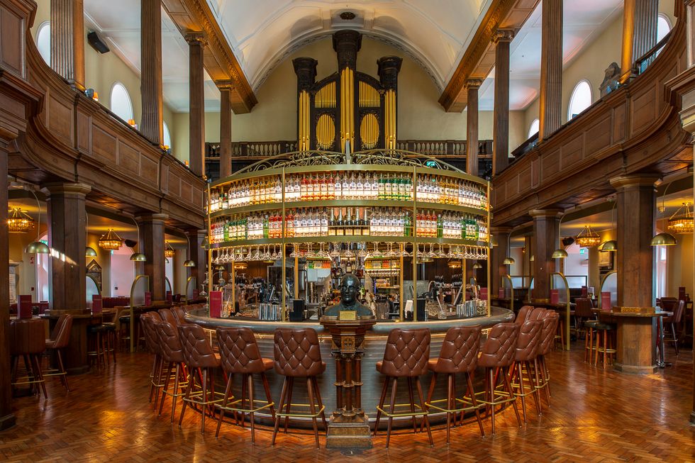 Wide shot of the main bar at The Church Cafe Bar in Dublin, Ireland