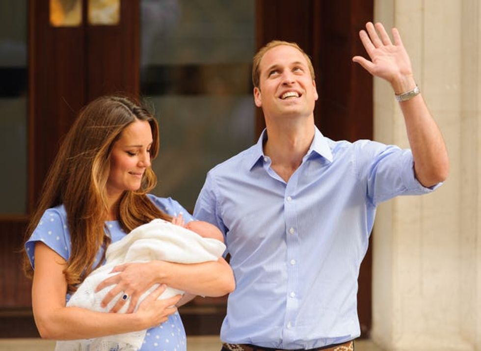 William and Kate leave the Lindo Wing of St Mary\u2019s Hospital in London, with their newborn son, Prince George in 2013