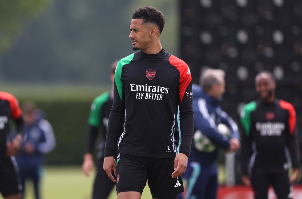 William Saliba of Arsenal during a training session and press conference ahead of their UEFA Champions League 2024/25 semi final first/second leg match at Sobha Realty Training Centre on May 06, 2025 in London Colney, England