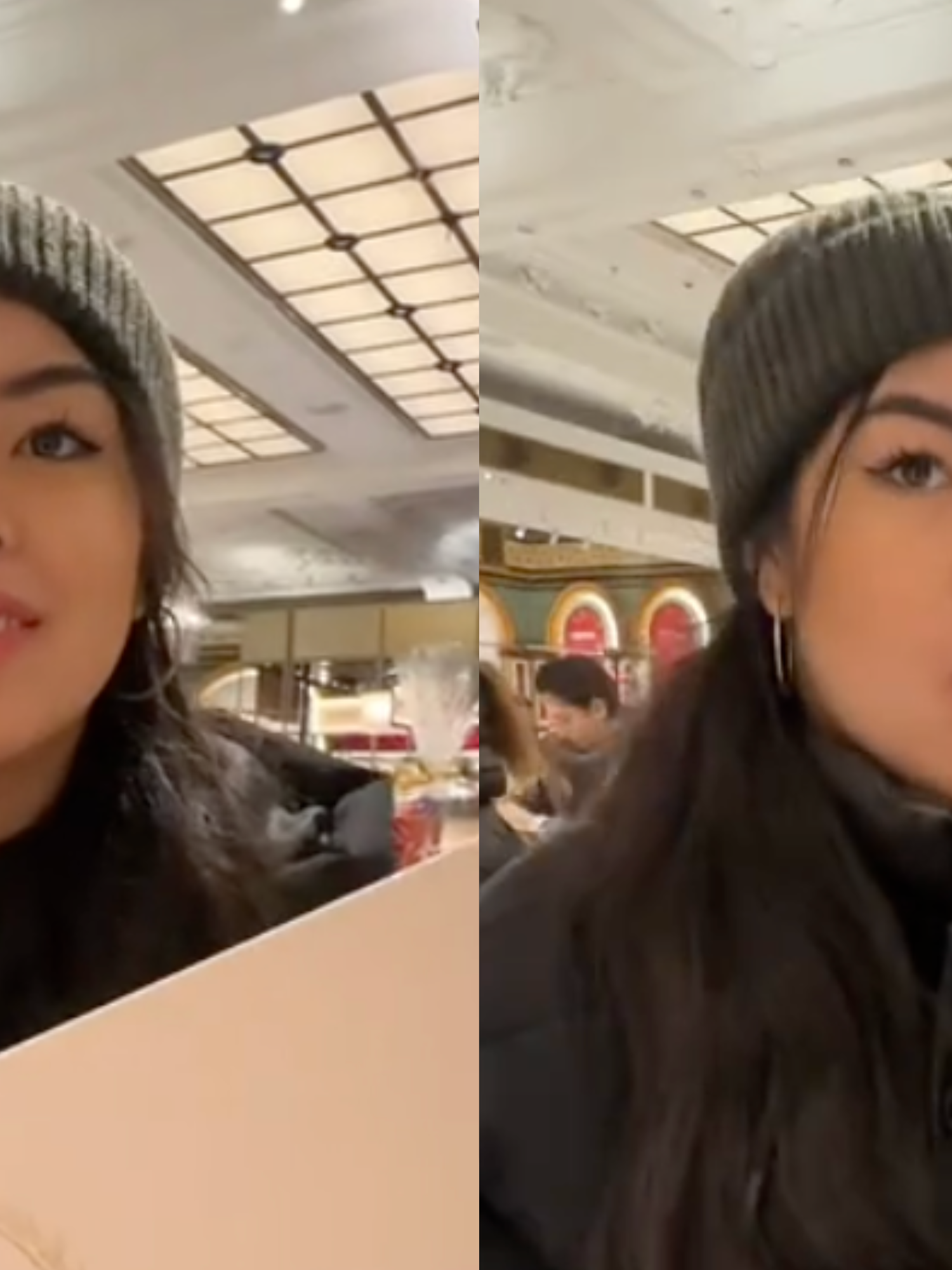 Woman in hat looks shocked finding out price of food in Harrods