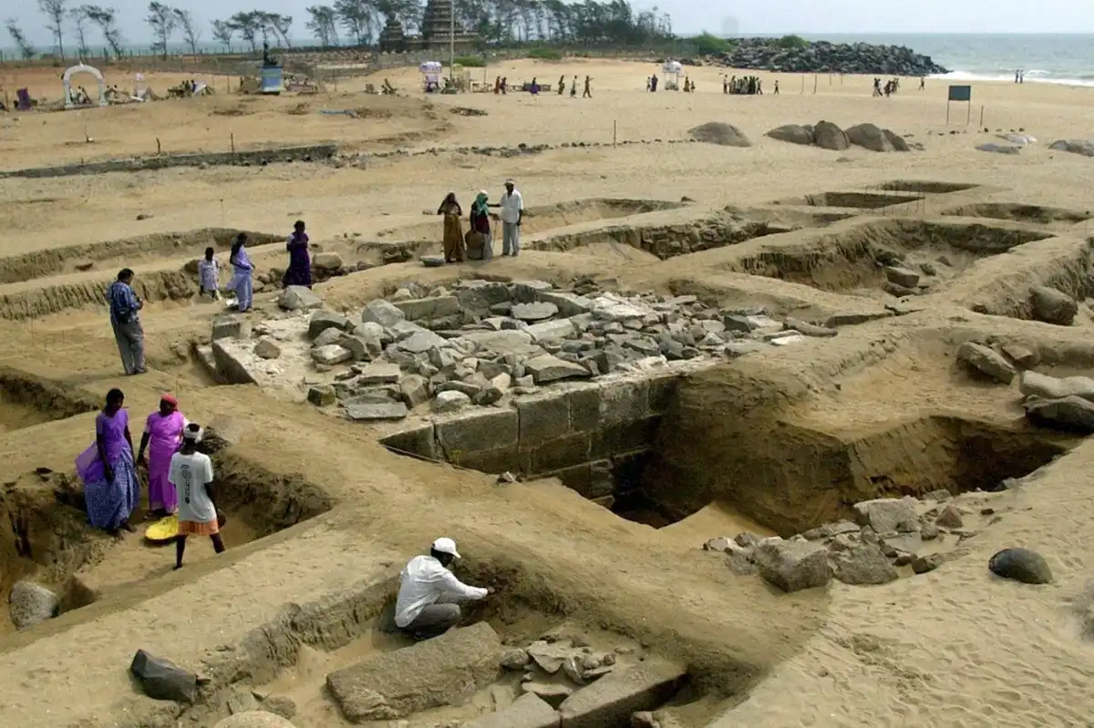 Workers excavate a beachside site in Mahabalipuram, India, back in March, 2005