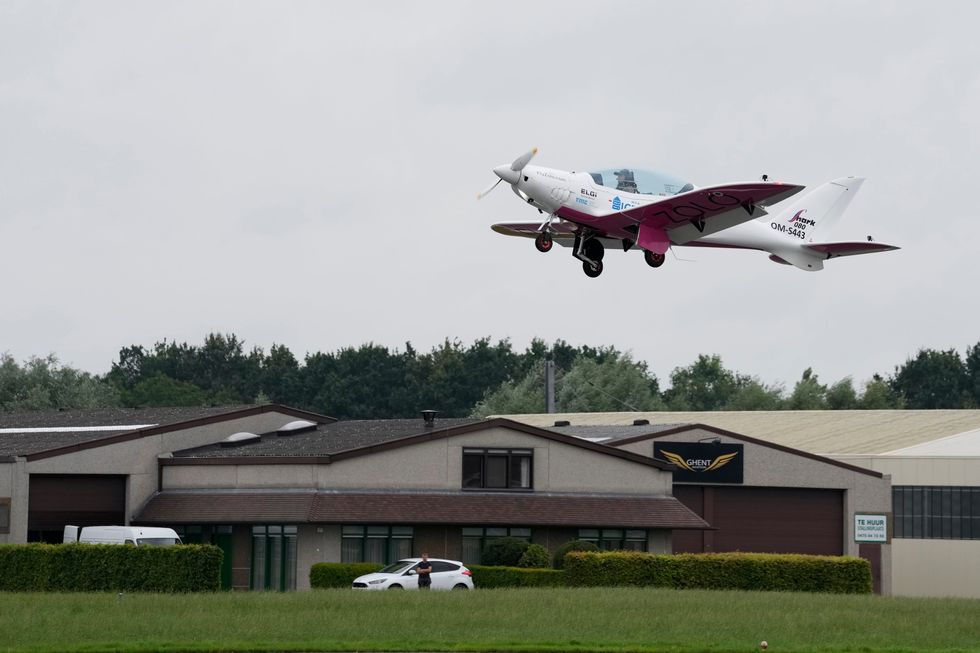 Zara Rutherford takes off at the Kortrijk-Wevelgem airfield (Virginia Mayo/AP)
